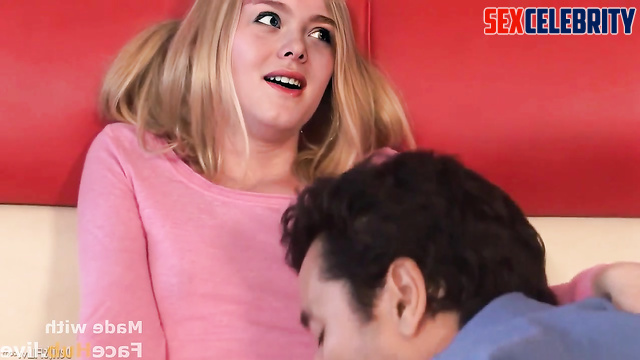 Babysitter Elle Fanning earns extra by letting the dads suck her cock