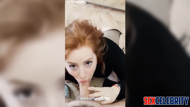 Redhead lady adores sucking standing on knees, fake Brittany Murphy