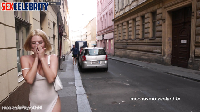 AI Elizabeth Olsen walks down the street flashing her beautiful tits