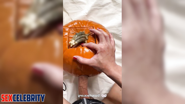 Horny Gemma Chan uses her big dick on submissive Halloween pumpkin!