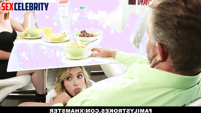 Slut making blowjob to her stepfather under the table, Sydney Sweeney ai