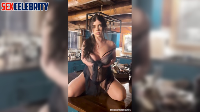 Busty brunette stroking herself and wants sex, fake Billie Eilish