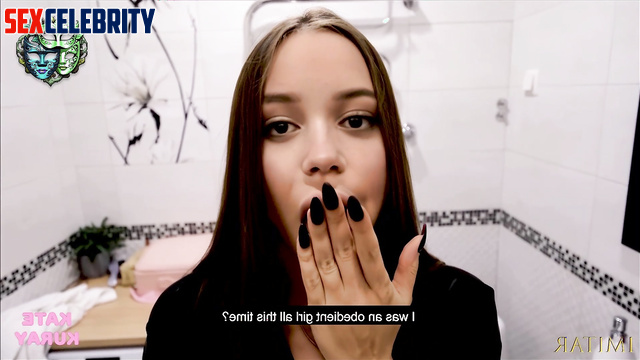 Beauty with cute face made blowjob in the toilet, Jenna Ortega real fake