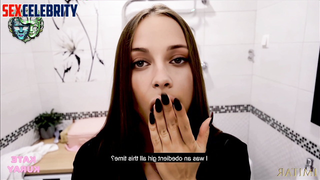 Topless lady sucking standing on her knees, Kristen Stewart face swap