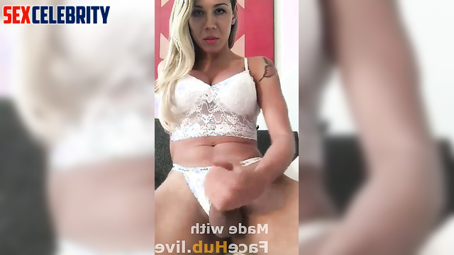 Sexy blonde Jennette McCurdy jacking her thick dick & cumming hard in white lingerie